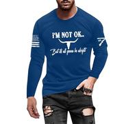 Camiseta de manga larga para hombre con cuello redondo y manga larga, estampada, europea y moderna, informal y cómoda, azul, XL