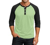 Camiseta de manga larga para hombre, de algodón, de manga larga, sin cuello, con botones, corte ajustado, corte regular, estilo vintage, camiseta de béisbol, R verde., S