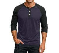 Camiseta de manga larga para hombre, de algodón, de manga larga, sin cuello, con botones, corte ajustado, corte regular, estilo vintage, camiseta de béisbol, R Púrpura, XXL
