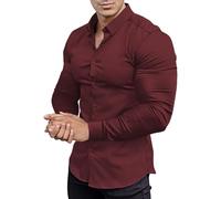 Camiseta de manga larga para hombre, diseño unicolor, con elasticidad, ajuste musculoso, atlético, ajuste estrecho, mangas largas, elástica, camisa de botones informal Activewear, rojo, M