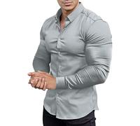 Camiseta de manga larga para hombre, diseño unicolor, con elasticidad, de ajuste musculoso, atlética, de ajuste estrecho, mangas largas, elástica, informal, camisa de botones Activewear, gris, S