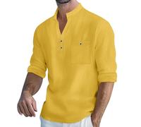 Camiseta de manga larga para hombre, estilo deportivo, informal, a la moda, cuello alto, con textura y tacto similar al lino, para interiores y exteriores, deportes, vida diaria, amarillo, L