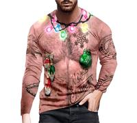 Camiseta de manga larga para hombre, invierno, Navidad, con cuello redondo, corte especial para gran abdomen, diseño festivo, ajuste cómodo, caqui, L