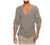 Camiseta de manga larga para hombre, monocolor, informal, jersey de punto, cuello de pico, vintage, manga larga, ajustado, jersey de punto, cómodo, holgado, transpirable, sudadera básica para