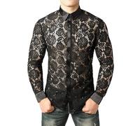 Camiseta de manga larga para hombre, transparente, de malla, con botones, sexy, erótica, ropa interior, color dorado, 01 negro, M