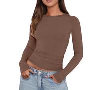 Camiseta de manga larga para mujer, ajustada, deportiva, ligera, informal, larga, lisa, deportiva, enrollable, cómoda, cuello de blusa, camiseta de lactancia, elástico, manga larga, marrón, XS