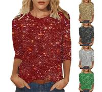 Camiseta de manga larga para mujer, algodón, cuello redondo, blusa para mujer, festiva, elegante, para boda, con purpurina, manga larga, camiseta de lentejuelas, elegante, camiseta térmica, manga