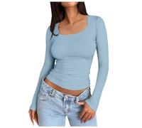 Camiseta de manga larga para mujer, blusa ajustada, manga larga, cuello redondo, camiseta básica, monocolor, ajustada, corte ajustado, camiseta de entrenamiento, yoga, camiseta de manga larga, básica