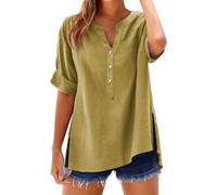 Camiseta de manga larga para mujer, blusa de lino de gran tamaño, túnica de verano, túnica de lino, blusa de muselina, cuello en V, botones hacia abajo, blusa elegante, monocolor, blusa larga, suéter