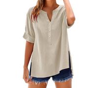 Camiseta de manga larga para mujer, blusa de lino de gran tamaño, túnica de verano, túnica de lino, blusa de muselina, cuello en V, botones hacia abajo, blusa elegante, monocolor, blusa larga, suéter