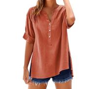 Camiseta de manga larga para mujer, blusa de lino de gran tamaño, túnica de verano, túnica de lino, blusa de muselina, cuello en V, botones hacia abajo, blusa elegante, monocolor, blusa larga, suéter