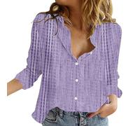 Camiseta de manga larga para mujer, blusa de manga larga, elegante, a cuadros, camisa de ocio, monocolor, corte regular, parte superior con botones, blusa de lino, estampado largo, morado, XXXL