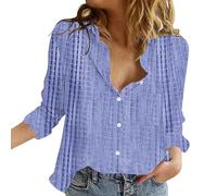 Camiseta de manga larga para mujer, blusa de manga larga, elegante, a cuadros, camisa de ocio, monocolor, corte regular, parte superior con botones, blusa de lino, estampado largo, azul claro, S