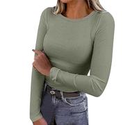 Camiseta de manga larga para mujer, blusa para mujer, camiseta de manga larga, cuello redondo, acanalada, ajustada, informal, parte superior básica, Verde claro., XL