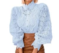 Camiseta de manga larga para mujer, camiseta de encaje, elegante, blusas con mangas de farol, cuello alto, manga larga, blusa de encaje, para primavera y otoño, camiseta de encaje, túnica, azul, S