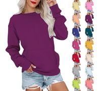 Camiseta de manga larga para mujer, camiseta de talla grande con cuello redondo, camiseta casual con bolsillo alto, cuello redondo, top corto sudadera para casa, ropa diaria Loungewear lisa Top, azul