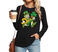 Camiseta de manga larga para mujer, camiseta festiva irlandesa, estampado del Día de San Patricio, camiseta de manga larga, tallas grandes, irlandés, día de San Patricio, cuello redondo, 01-negro, L