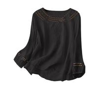 Camiseta de manga larga para mujer, color liso, talla grande, algodón y lino, bordada, para verano, manga larga, cuello redondo, parte superior metálica, Negro, XL