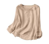 Camiseta de manga larga para mujer, color liso, talla grande, algodón y lino, bordada, para verano, manga larga, cuello redondo, parte superior metálica, caqui, XL