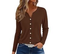 Camiseta de manga larga para mujer, color negro, camiseta de algodón con cuello en V, blusa ajustada, camiseta Henley, corte ajustado, camiseta de ocio, cuello en V, parte superior con botones