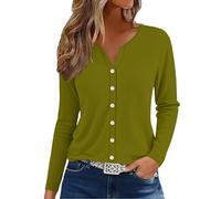 Camiseta de manga larga para mujer, color negro, camiseta de algodón con cuello en V, blusa ajustada, camiseta Henley, corte ajustado, camiseta de ocio, cuello en V, parte superior con botones