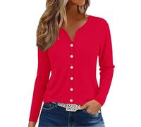 Camiseta de manga larga para mujer, color negro, camiseta de algodón con cuello en V, blusa ajustada, camiseta Henley, corte ajustado, camiseta de ocio, cuello en V, parte superior con botones