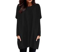 Camiseta de manga larga para mujer, con bolsillos, para verano, ajuste holgado, para invierno y otoño, informal, de gran tamaño, sexy, para salir, lindas túnicas largas, Negro, S