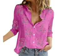 Camiseta de manga larga para mujer con botones, cuello en V, manga larga, gráfico, flor, verano, transpirable, informal, parte superior impresa, colorida, estampado floral hawaiano, camisa de solapa