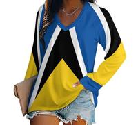 Camiseta De Manga Larga para Mujer con Escote En V - Bandera Nacional De Santa Lucía Camiseta Básica De Manga Larga, Rosa Claro Suave Y Cómoda Holgada, Estampado Bandera Moda para Todos Los Días XL