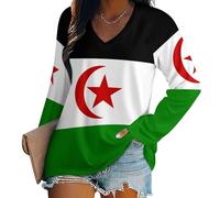 Camiseta De Manga Larga para Mujer con Escote En V - Bandera Nacional Sáhara Occidental Camiseta Básica De Manga Larga, Rosa Cómoda Holgada, Elementos La Bandera Nacional para Todos Los Días XXL