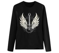 Camiseta de manga larga para mujer con estampado de alas de guitarra en estilo rock, manga larga gráfica negra con diseño de alas de ángel, camiseta de declaración para fanáticos del rock y ropa de