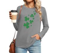 Camiseta de manga larga para mujer con estampado de trébol de San Patricio, tallas grandes, cuello redondo irlandés, 01-gris, S