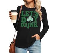 Camiseta de manga larga para mujer con estampado del Día de San Patricio, camiseta de manga larga, tallas grandes, cuello redondo irlandés, 02-negro, M