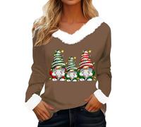 Camiseta de manga larga para mujer con estampado navideño, cuello en V, cuello de pico, sexy, marrón, M