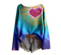 Camiseta de manga larga para mujer con estilo batik y motivo de corazón - Parte superior ancha con aspecto de punto de canalé | Camiseta colorida para un look hippie boho, M