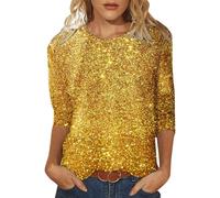Camiseta de manga larga para mujer, con lentejuelas, informal, estampada, cuello redondo, manga holgada, cuello redondo, manga larga, jersey ajustado, dorado, XL