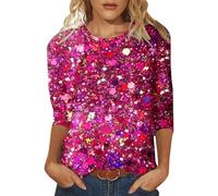 Camiseta de manga larga para mujer, con lentejuelas, informal, estampada, cuello redondo, manga holgada, camiseta de manga cuarta para hombre, Rosa intenso., XXL
