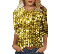 Camiseta de manga larga para mujer, con lentejuelas, informal, estampada, cuello redondo, manga holgada, camiseta de manga cuarta para hombre, dorado, 3XL