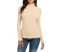 Camiseta de manga larga para mujer, cuello alto, elegante de invierno, elástico, jersey de cuello alto, ajustado, informal, básico, camiseta fina para primavera y otoño, beige, XXL