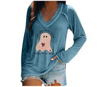 Camiseta de manga larga para mujer, cuello de pico, estampado de Halloween, azul claro, L