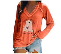 Camiseta de manga larga para mujer, cuello de pico, estampado de Halloween, naranja, S