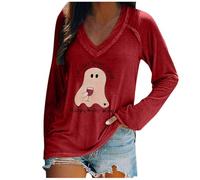Camiseta de manga larga para mujer, cuello de pico, estampado de Halloween, rojo, 5XL