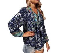 Camiseta de manga larga para mujer, cuello en V, ajuste holgado, estampado neón, marine, XXL