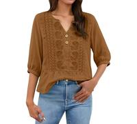 Camiseta de manga larga para mujer, cuello en V, algodón - Camisetas para mujer, verano, elegante, blusa de lino con bordado, camiseta de manga larga, holgada, transpirable, blusa de verano, ligera