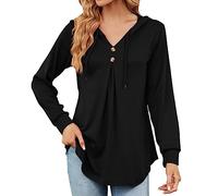 Camiseta de manga larga para mujer, cuello en V, color sólido, botón con cordón, camiseta holgada para primavera 2022 mujer, Negro , S