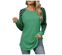 Camiseta de manga larga para mujer, cuello redondo, color contrastante, costuras a rayas, parte superior de cola de milano, verde, XXL