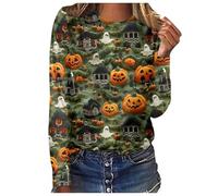 Camiseta de manga larga para mujer, cuello redondo, estampado de Halloween, camisetas de verano para mujer, verde, L