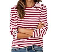 Camiseta de manga larga para mujer, cuello redondo, holgada, a rayas, rojo, L