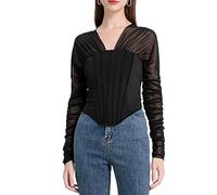Camiseta de Manga Larga para Mujer Cuello V Camisa Moda Top de Tul Color sólido Blusa Elegantes Camisas Color Sólido Tops Casual T-Shirt(Negro XL)