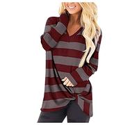 Camiseta de manga larga para mujer, diseño a rayas, color de contraste, Vino, S